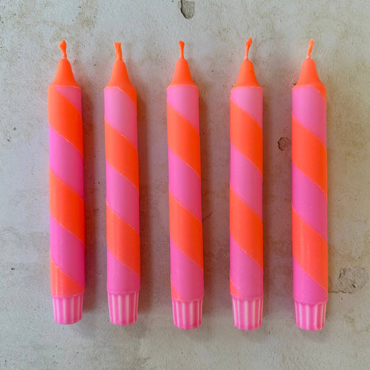 Neon Orange And Pink spiral twist Hand Dipped Candles 
