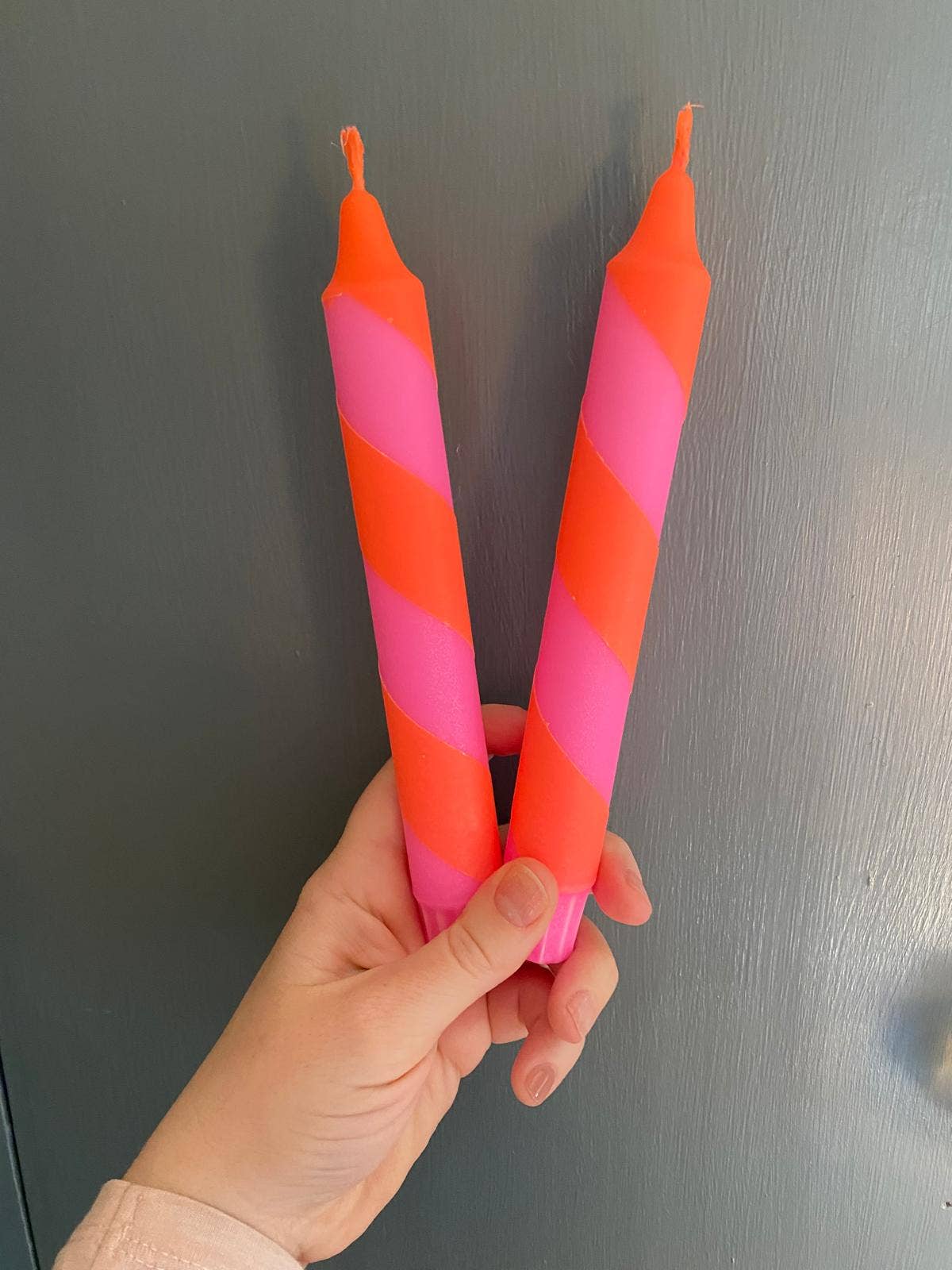 Neon Orange And Pink spiral twist Hand Dipped Candles 