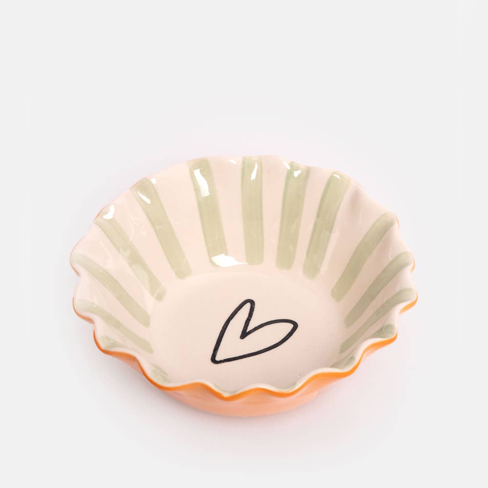 Caroline Gardner Orange & Pale Green Stripe Heart Frilly Bowl