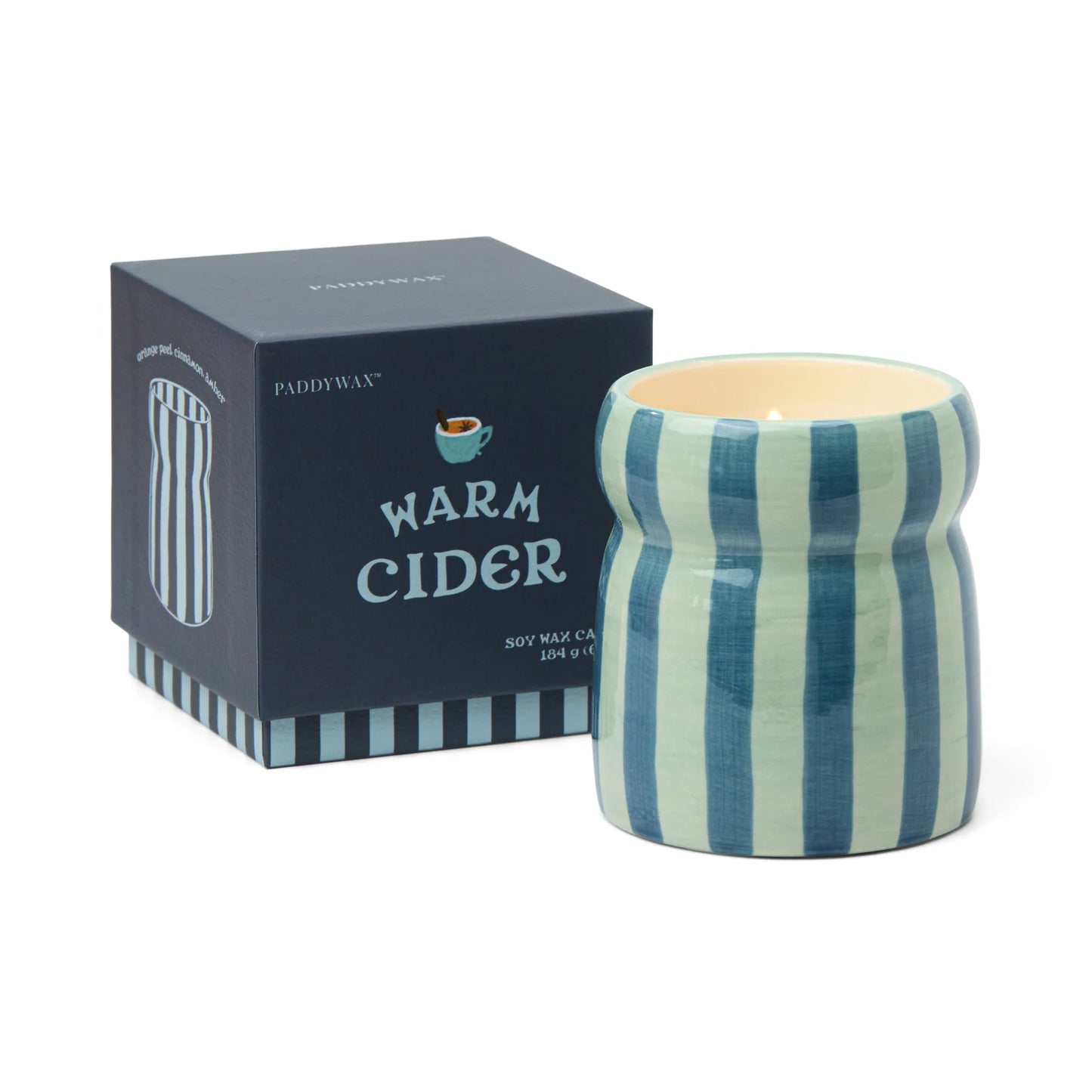 Warm Cider Blue/Navy Striped Ceramic Candle